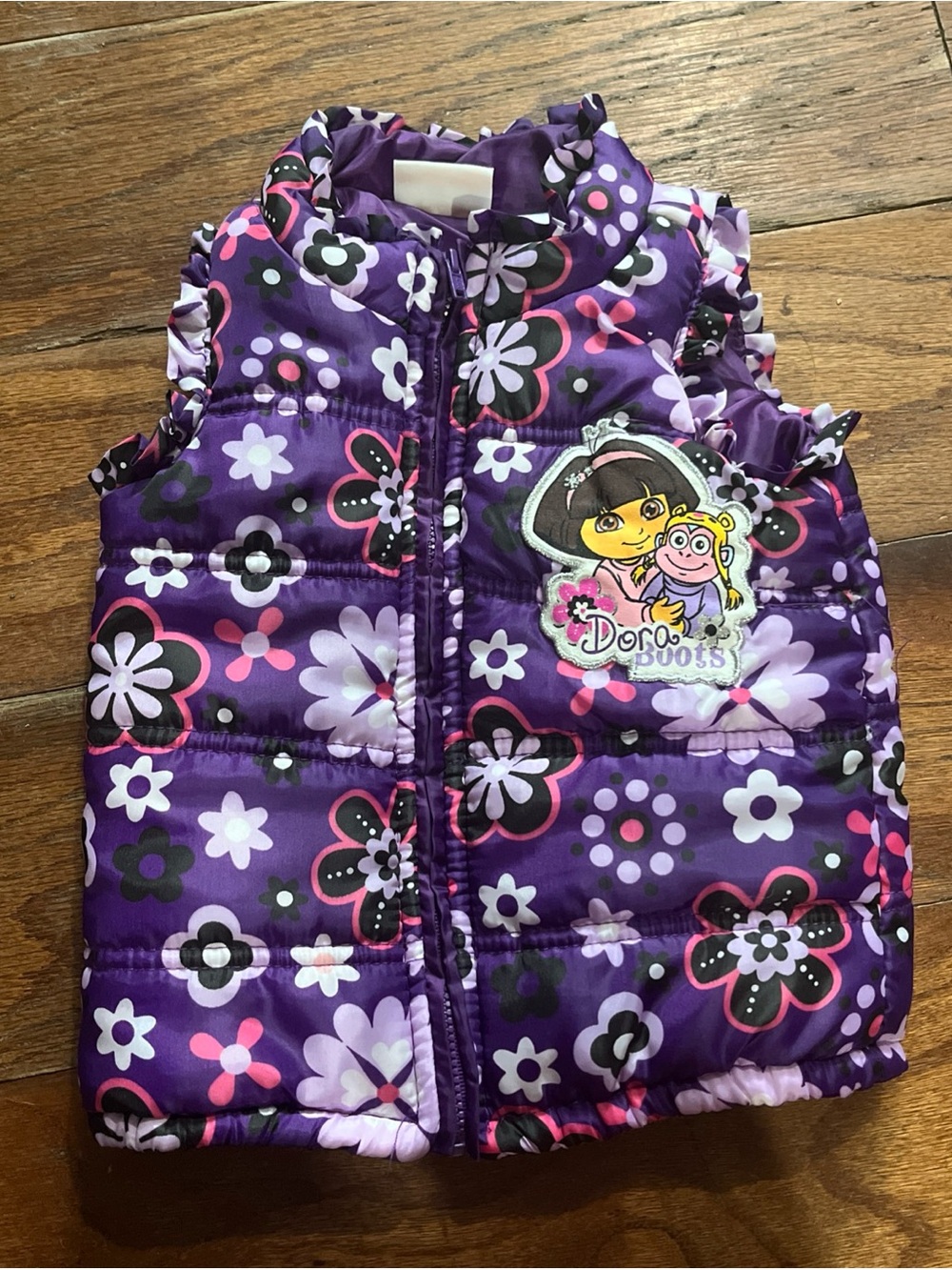 Girls Dora The Explorer Purple Floral Puffer Vest Size 2T/3T Great Condition
